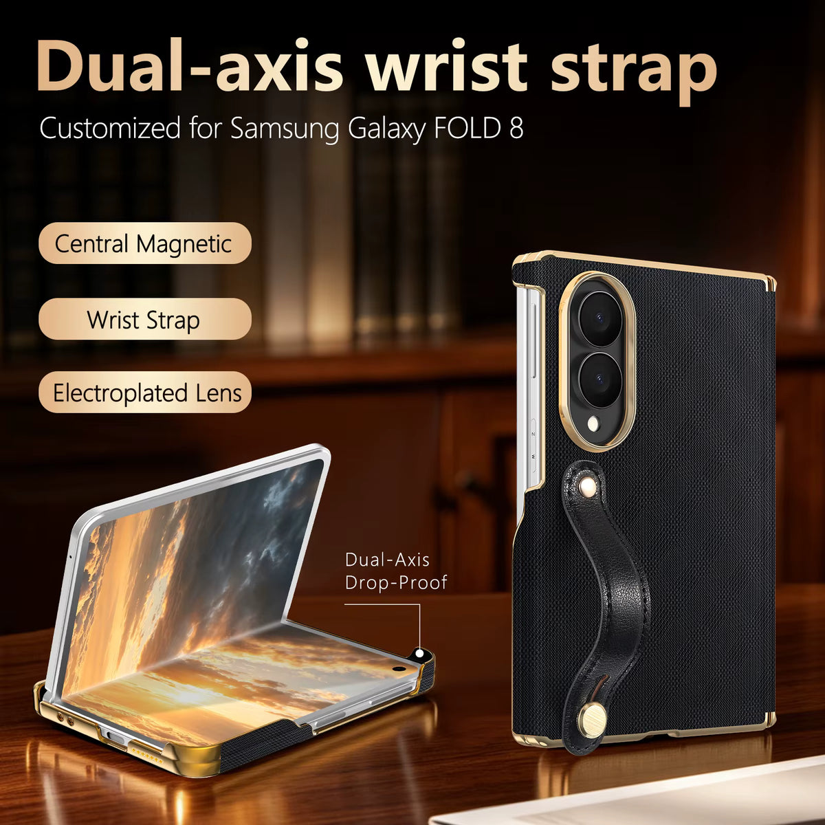 Luxury Foldable Protective Case with Double Hinge and Electroplated Lens for Samsung Z Fold 8 7 6 with Wrist Strap