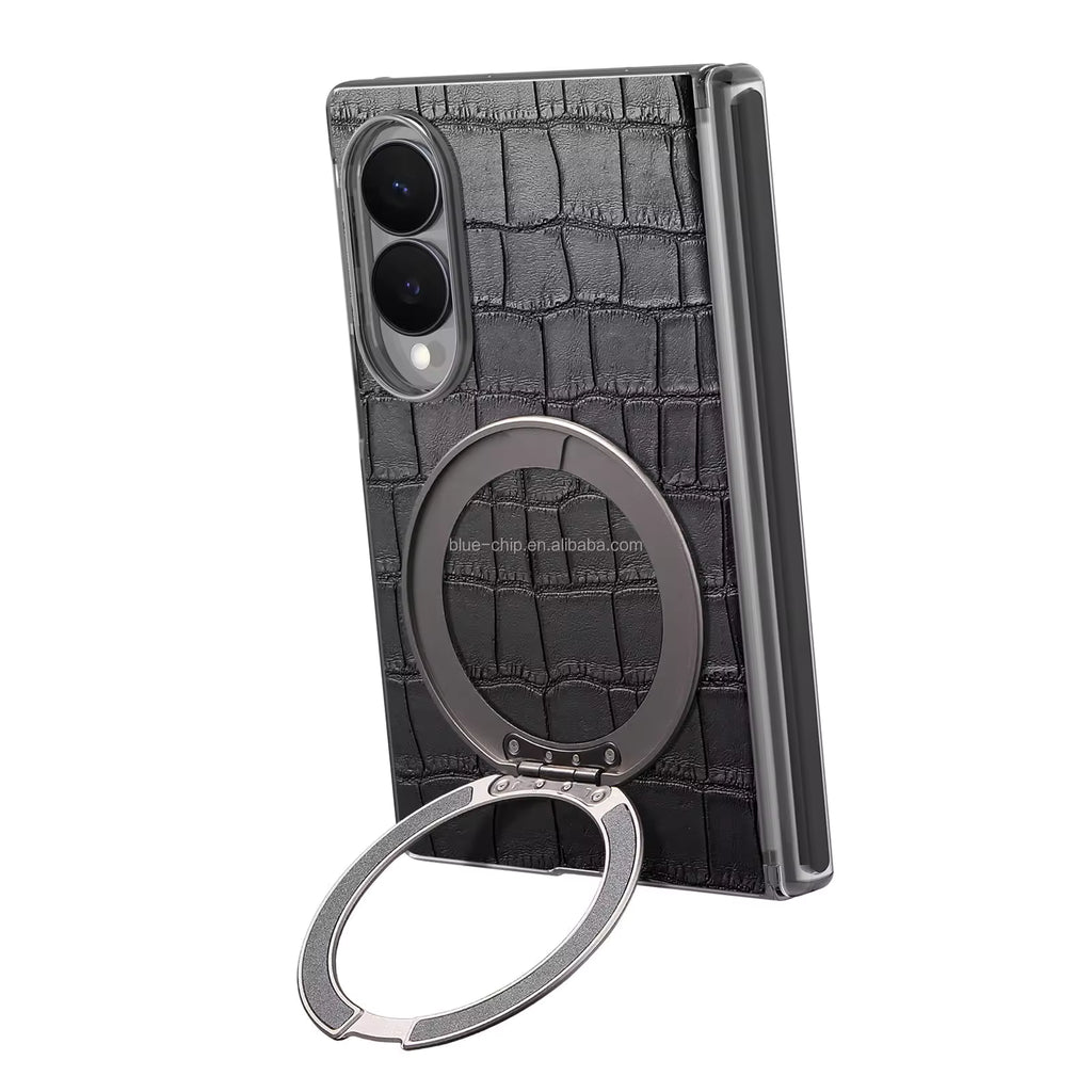 Heavy-Duty Magnetic PU Leather Case with Double Hinge & Ring Stand for Samsung Galaxy Z Fold 8 / 8 Ultra / 7 / 6