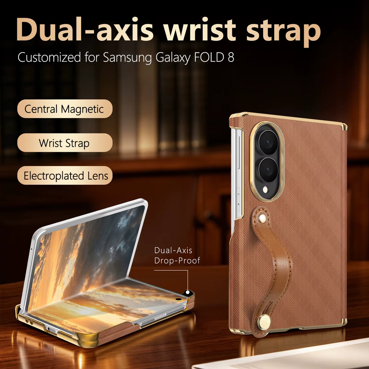 Luxury Foldable Protective Case with Double Hinge and Electroplated Lens for Samsung Z Fold 8 7 6 with Wrist Strap