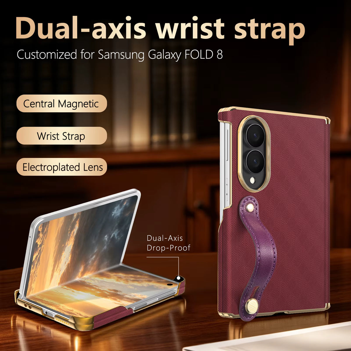 Luxury Foldable Protective Case with Double Hinge and Electroplated Lens for Samsung Z Fold 8 7 6 with Wrist Strap