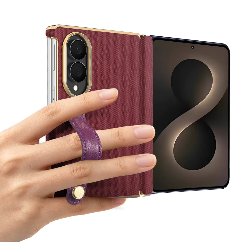 Luxury Foldable Protective Case with Double Hinge and Electroplated Lens for Samsung Z Fold 8 7 6 with Wrist Strap