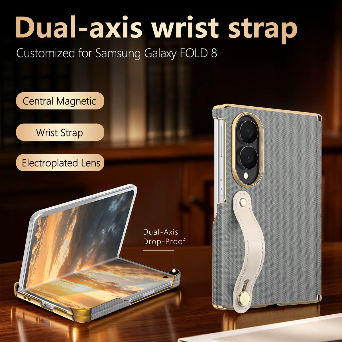 Luxury Foldable Protective Case with Double Hinge and Electroplated Lens for Samsung Z Fold 8 7 6 with Wrist Strap