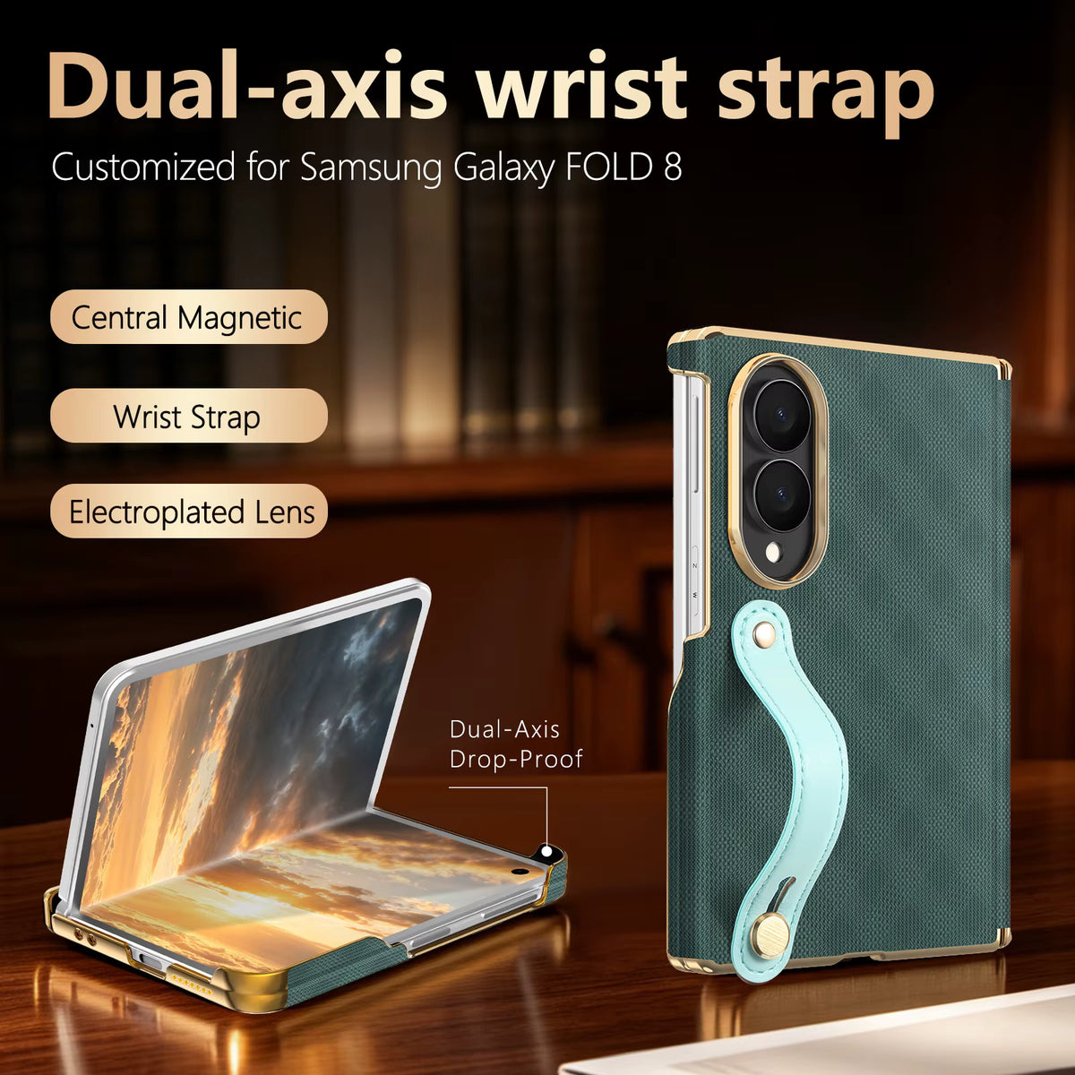 Luxury Foldable Protective Case with Double Hinge and Electroplated Lens for Samsung Z Fold 8 7 6 with Wrist Strap