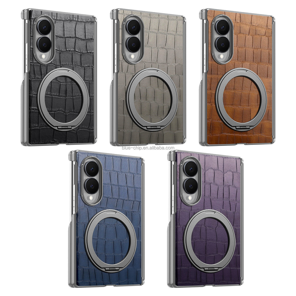 Heavy-Duty Magnetic PU Leather Case with Double Hinge & Ring Stand for Samsung Galaxy Z Fold 8 / 8 Ultra / 7 / 6