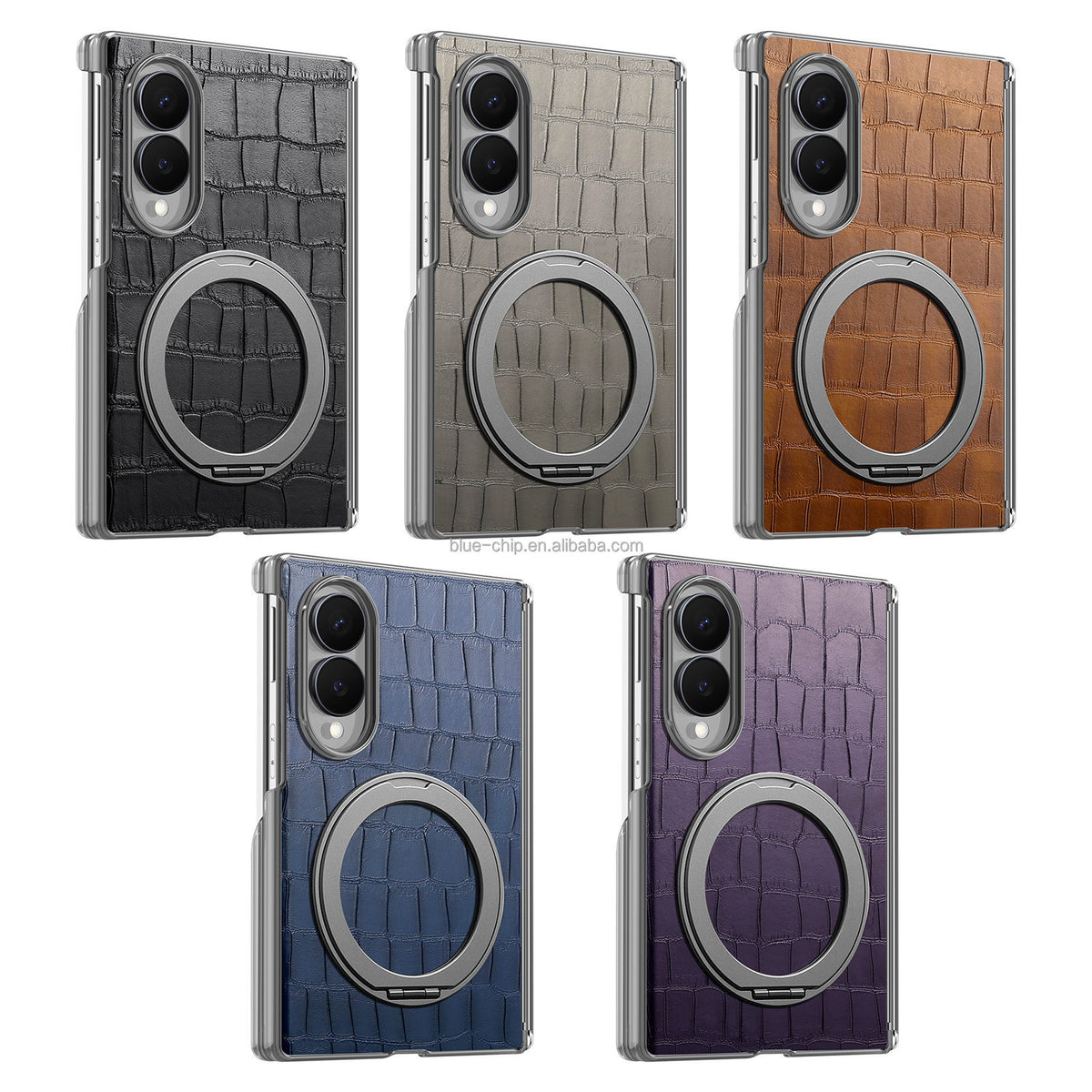 Heavy-Duty Magnetic PU Leather Case with Double Hinge & Ring Stand for Samsung Galaxy Z Fold 8 / 8 Ultra / 7 / 6