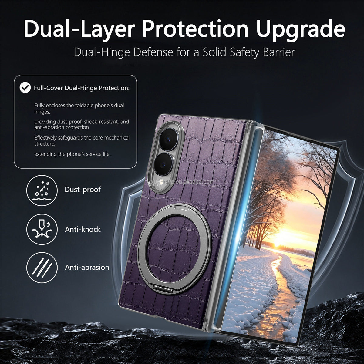 Heavy-Duty Magnetic PU Leather Case with Double Hinge & Ring Stand for Samsung Galaxy Z Fold 8 / 8 Ultra / 7 / 6