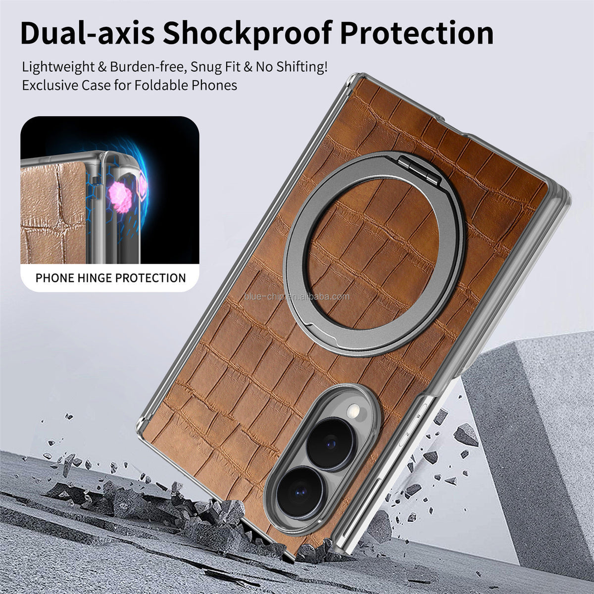 Heavy-Duty Magnetic PU Leather Case with Double Hinge & Ring Stand for Samsung Galaxy Z Fold 8 / 8 Ultra / 7 / 6