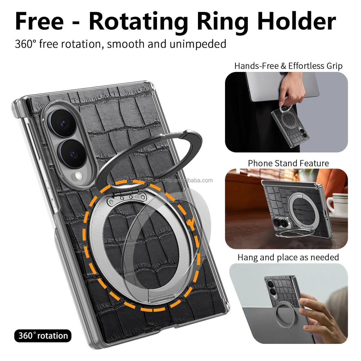 Heavy-Duty Magnetic PU Leather Case with Double Hinge & Ring Stand for Samsung Galaxy Z Fold 8 / 8 Ultra / 7 / 6