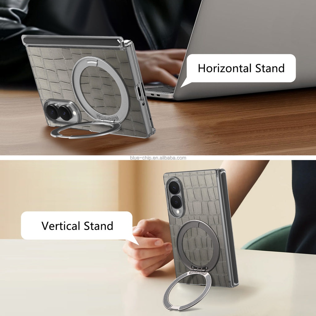 Heavy-Duty Magnetic PU Leather Case with Double Hinge & Ring Stand for Samsung Galaxy Z Fold 8 / 8 Ultra / 7 / 6