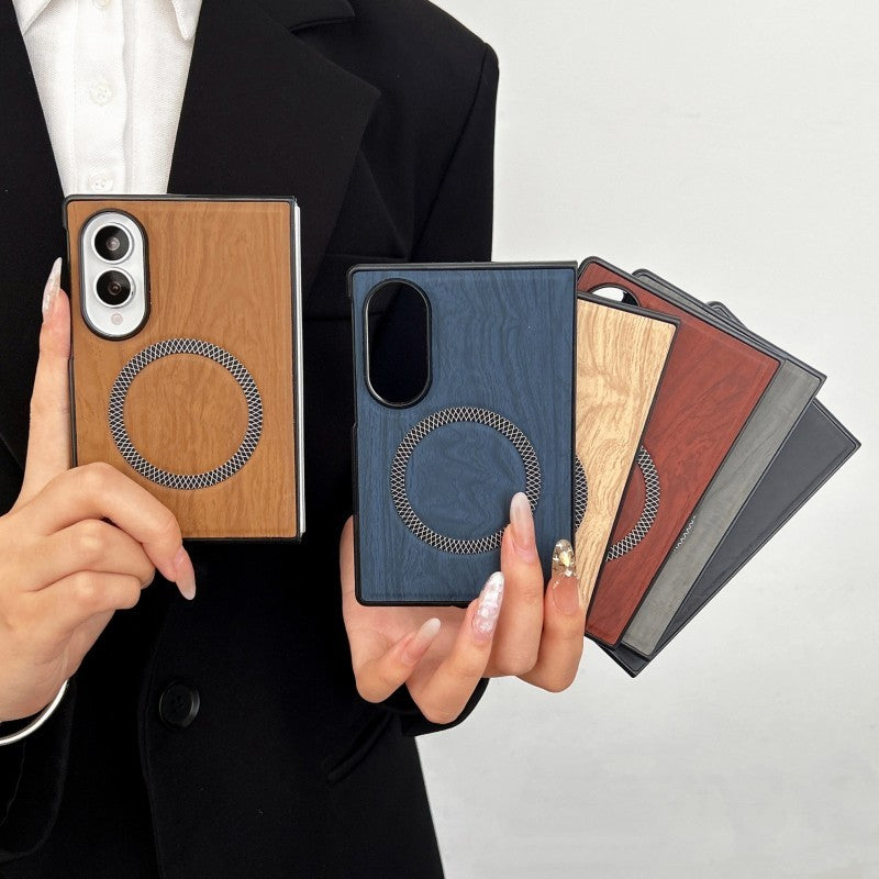 Premium PU Leather Magnetic Case for Samsung Galaxy Z Fold8 / Fold7 / Fold6 – Wood Grain Shockproof Cover