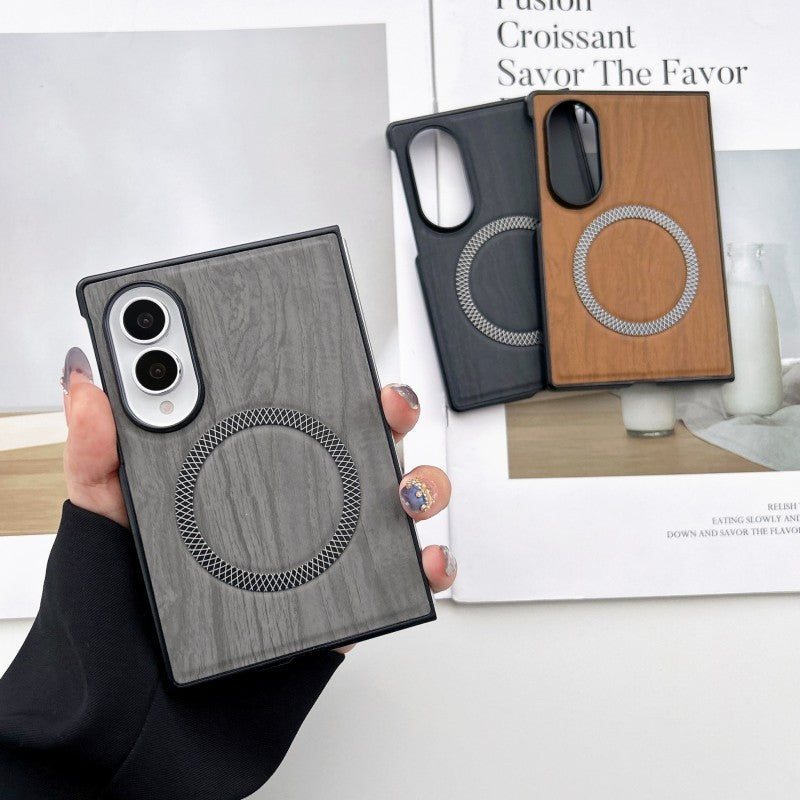 Premium PU Leather Magnetic Case for Samsung Galaxy Z Fold8 / Fold7 / Fold6 – Wood Grain Shockproof Cover