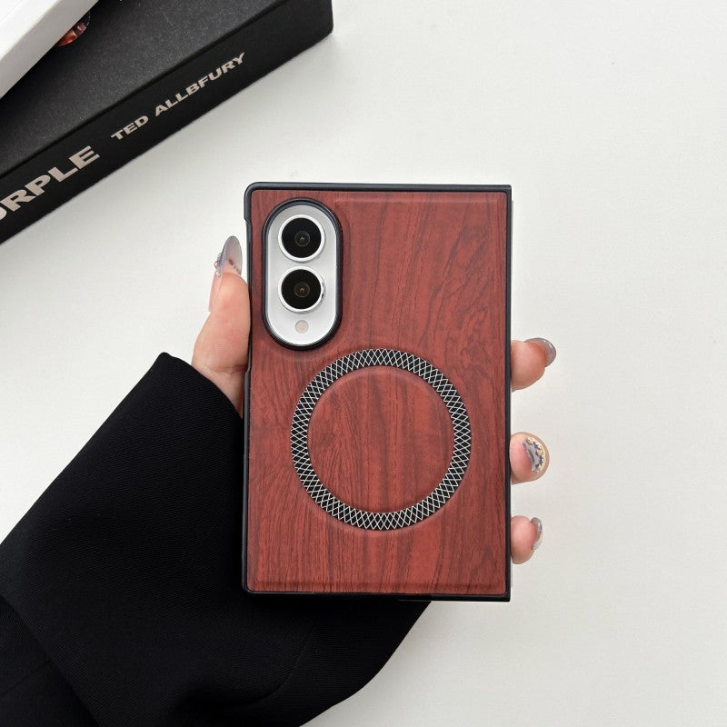 Premium PU Leather Magnetic Case for Samsung Galaxy Z Fold8 / Fold7 / Fold6 – Wood Grain Shockproof Cover