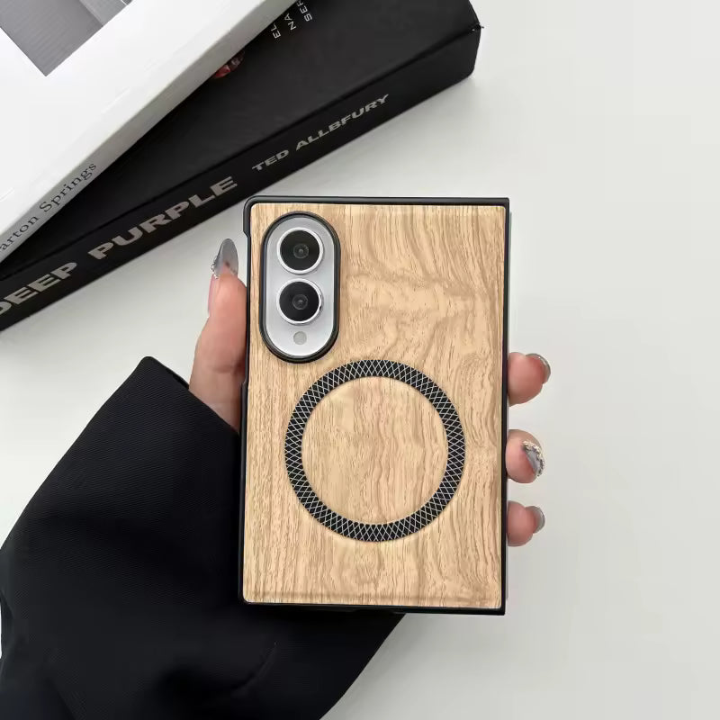 Premium PU Leather Magnetic Case for Samsung Galaxy Z Fold8 / Fold7 / Fold6 – Wood Grain Shockproof Cover