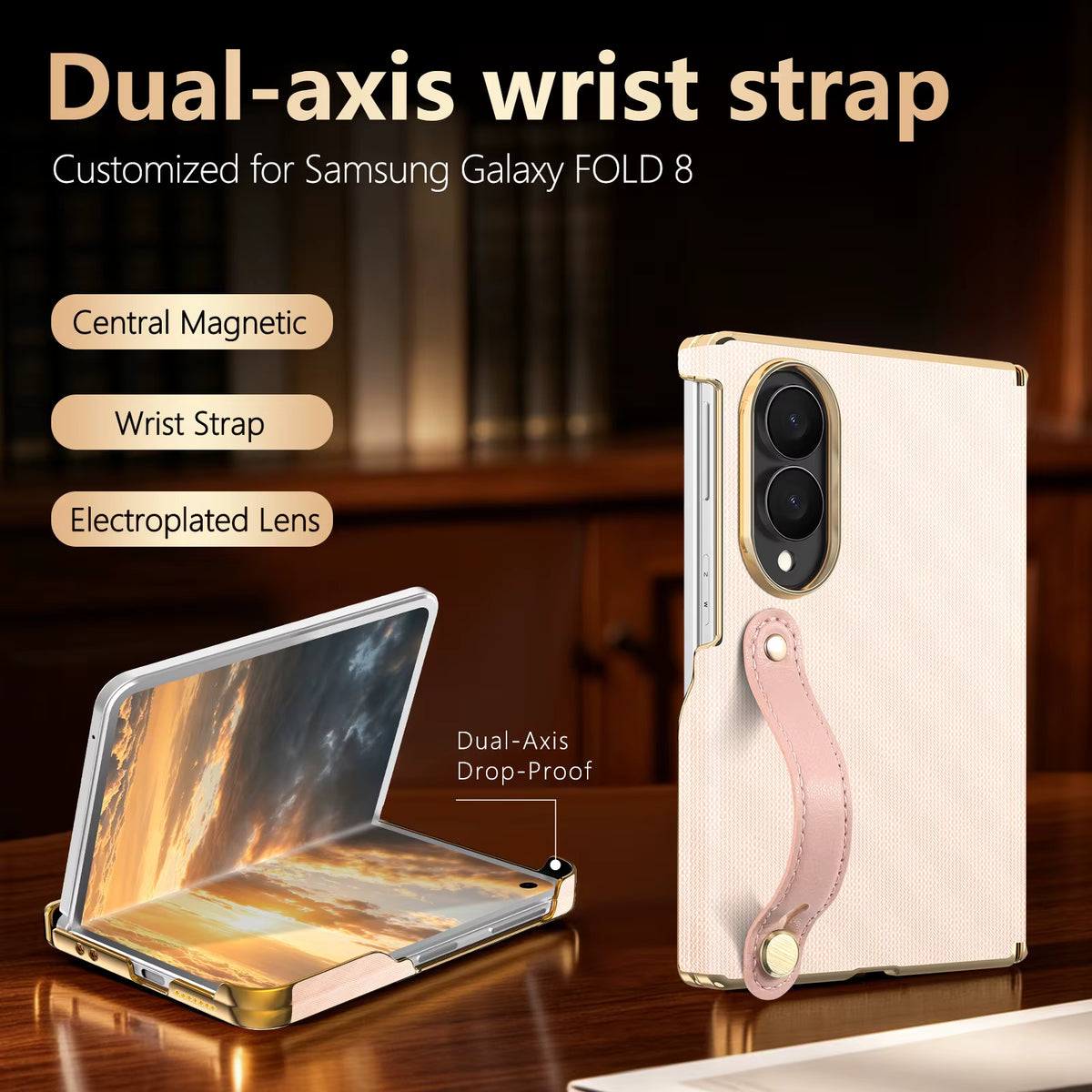 Luxury Foldable Protective Case with Double Hinge and Electroplated Lens for Samsung Z Fold 8 7 6 with Wrist Strap