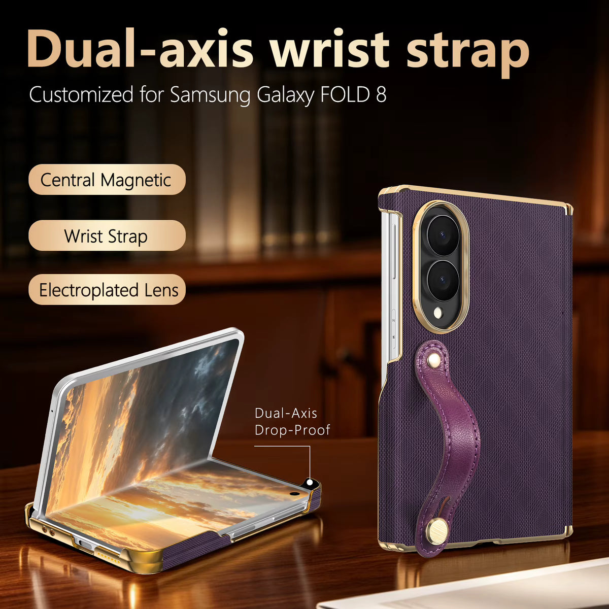 Luxury Foldable Protective Case with Double Hinge and Electroplated Lens for Samsung Z Fold 8 7 6 with Wrist Strap