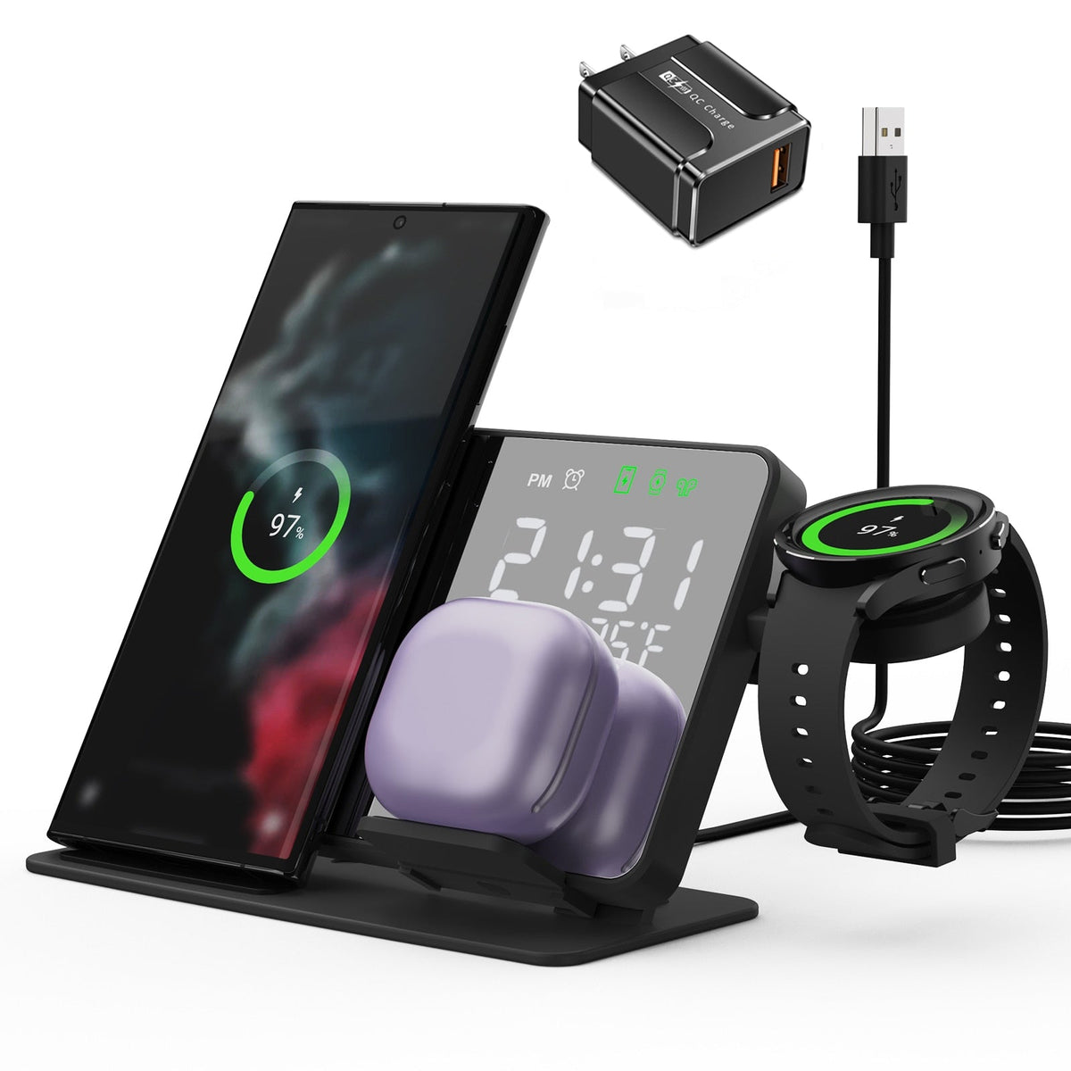 4 in 1 Wireless Charger for Samsung Galaxy S23 S22 Ultra Fast Charging Dock Station for Galaxy Watch 5 Pro Buds LED Alarm Clock
