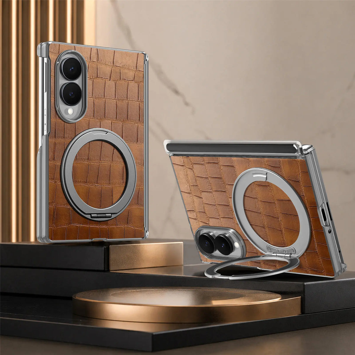 Textured Leather Ring Stand Case For Galaxy Z Fold