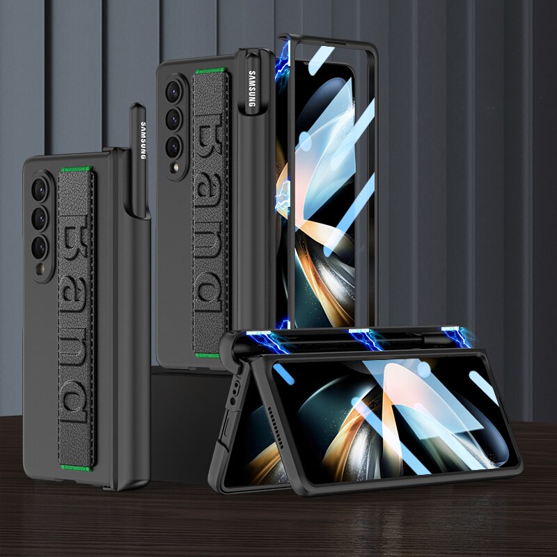 Magnetic Case with Wrist Band & Hinge Pen Holder For Samsung Galaxy Z Fold 4