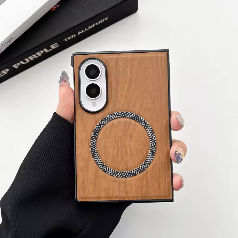 Premium PU Leather Magnetic Case for Samsung Galaxy Z Fold8 / Fold7 / Fold6 – Wood Grain Shockproof Cover