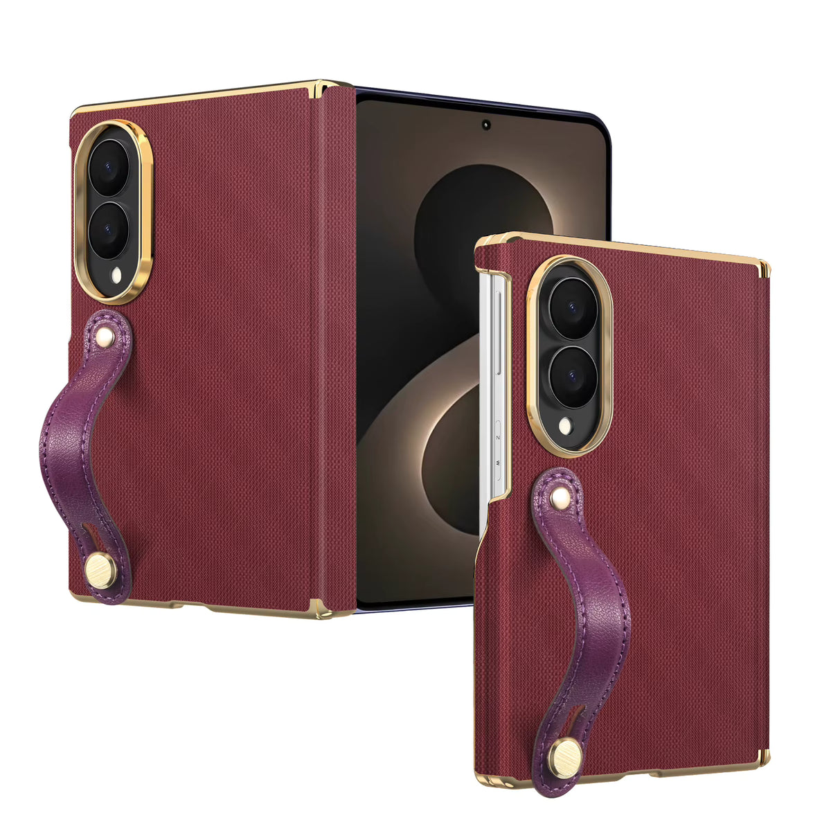 Luxury Foldable Protective Case with Double Hinge and Electroplated Lens for Samsung Z Fold 8 7 6 with Wrist Strap